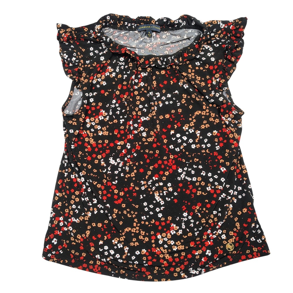 Adrienne Vittadini Blouse Womens Medium Black Floral Ruffle Flutter Knit VK34481